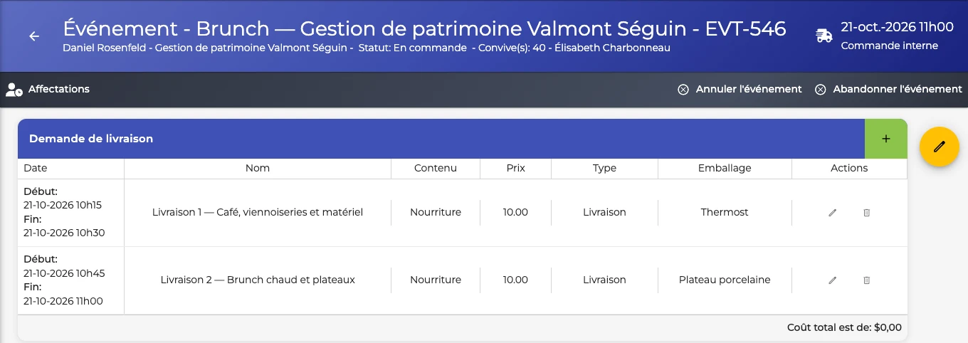 capture : fiche événement, en-tête et demandes de livraison