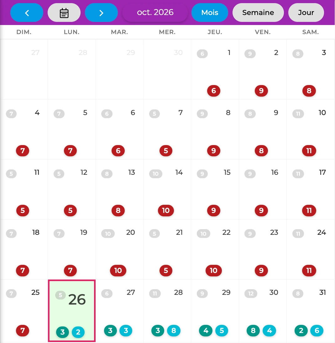 capture : calendrier des événements, vue Mois